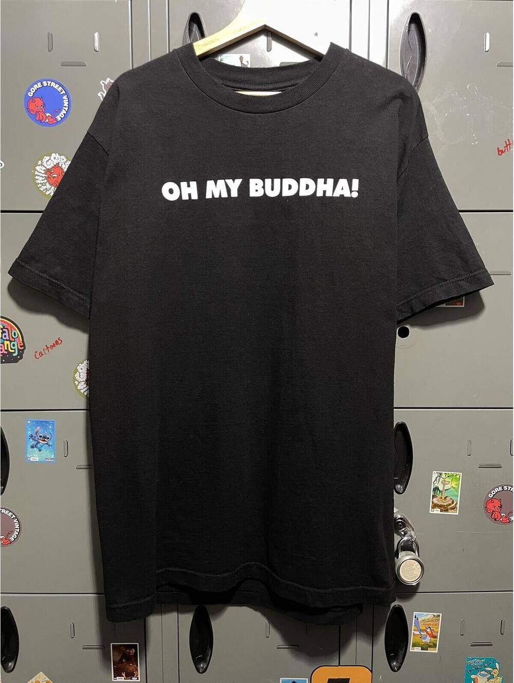 OH MY BUUDHA vintage black tee text statement AAA L 22x29
